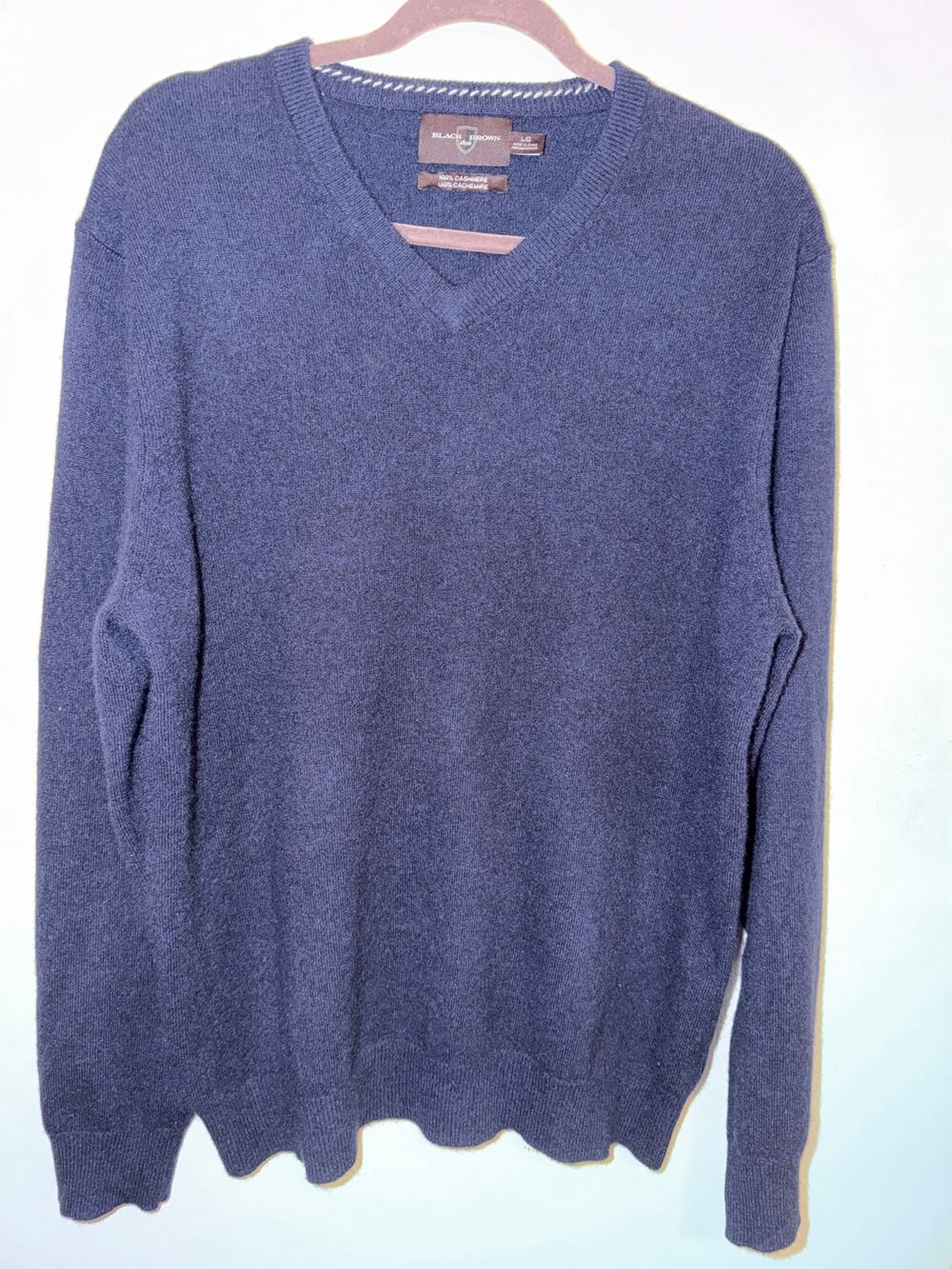Black Brown 1826 Mens L 100% Cashmere Sweater Navy Blue V Neck Luxury Soft